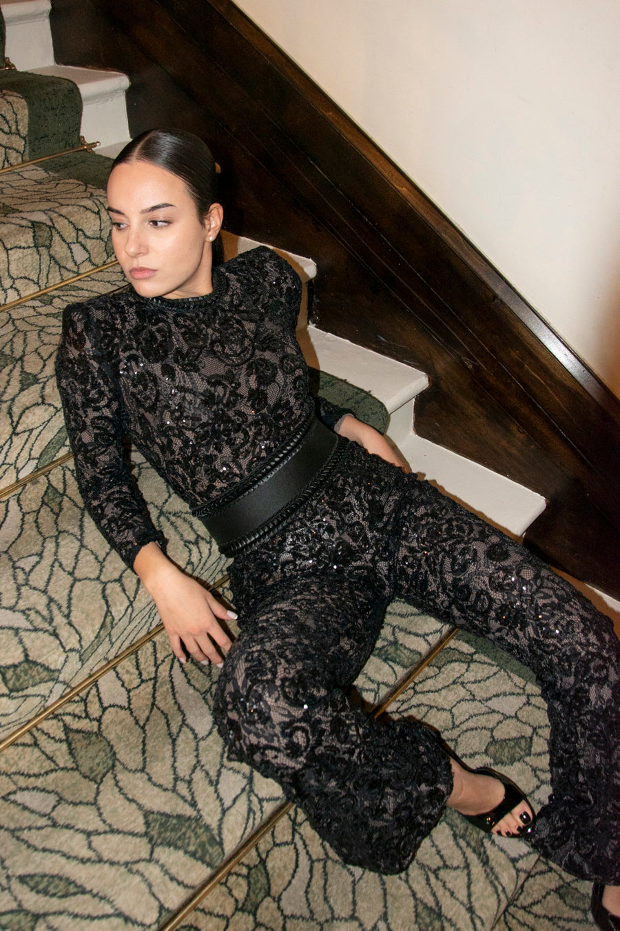 BELLA SEQUIN EMBELLISHED LACE JUMPSUIT