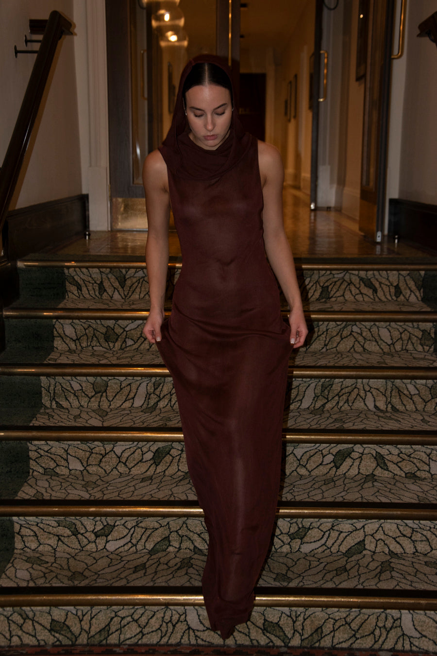 SHEER BORDEAUX HOODED MAXI DRESS