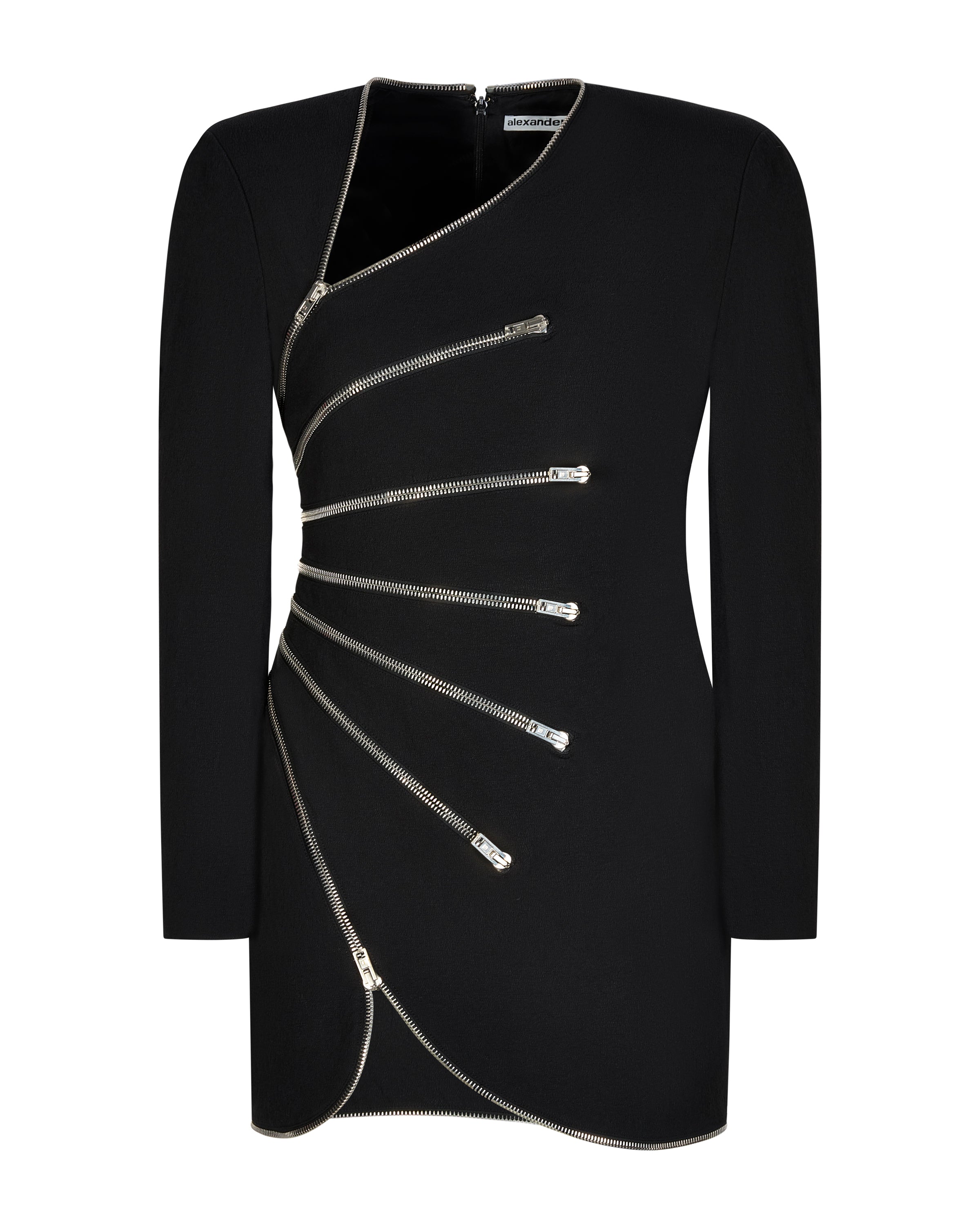 BLACK SUNBURST ZIP CREPE MINI DRESS