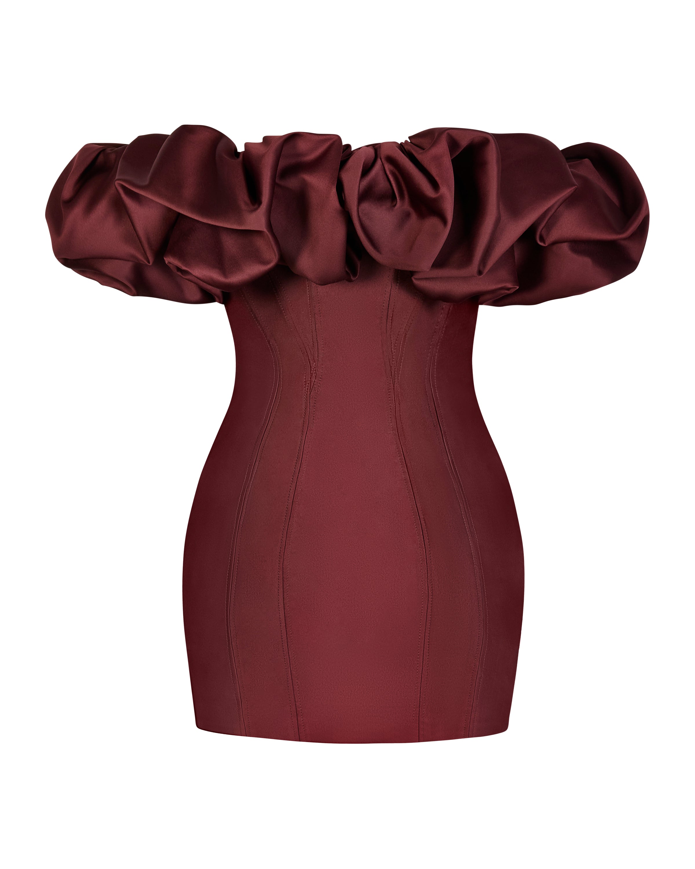 SELENA BURGUNDY SATIN RUFFLE MINI DRESS