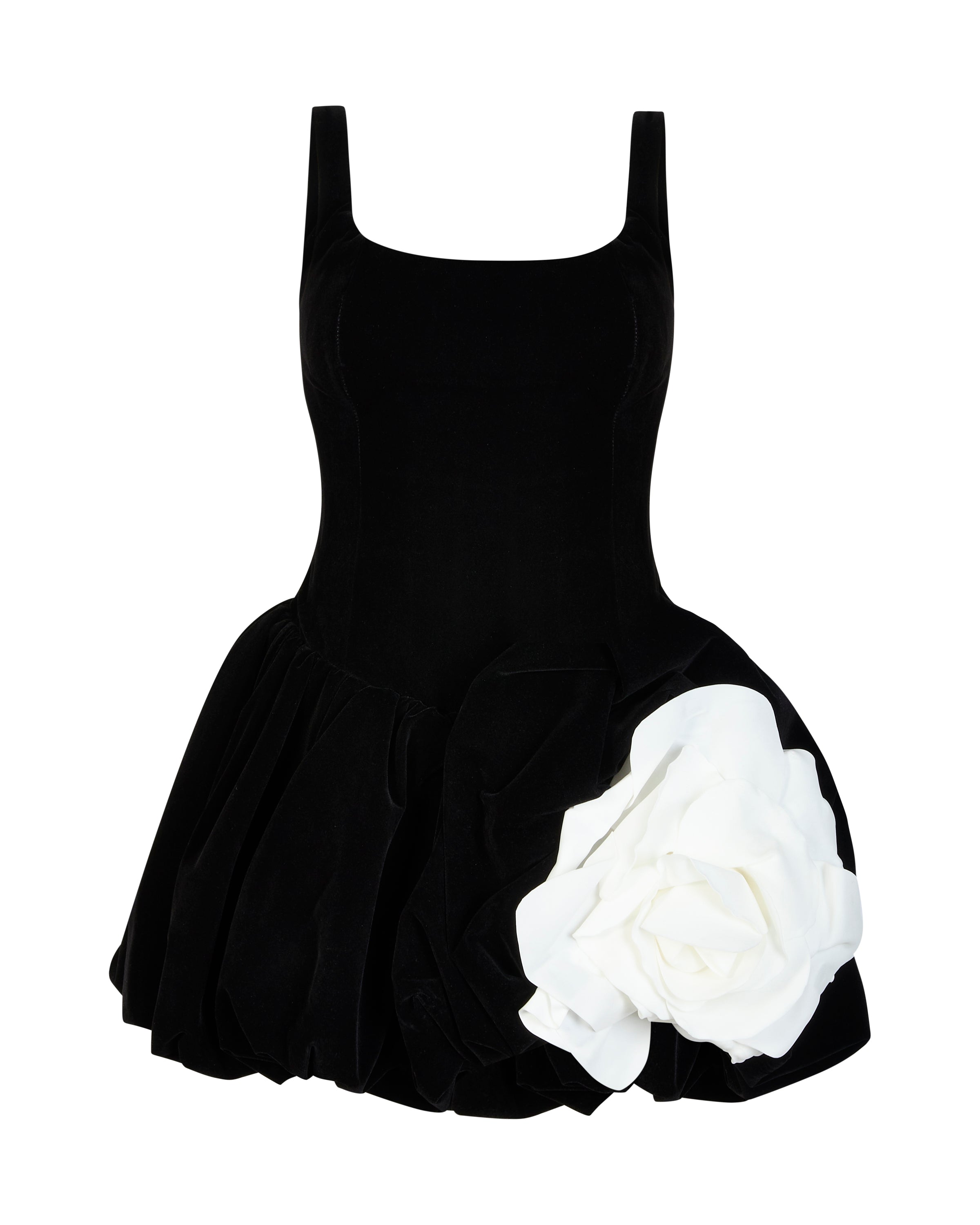 VELVET BLACK PUFFER ROSE MINI DRESS
