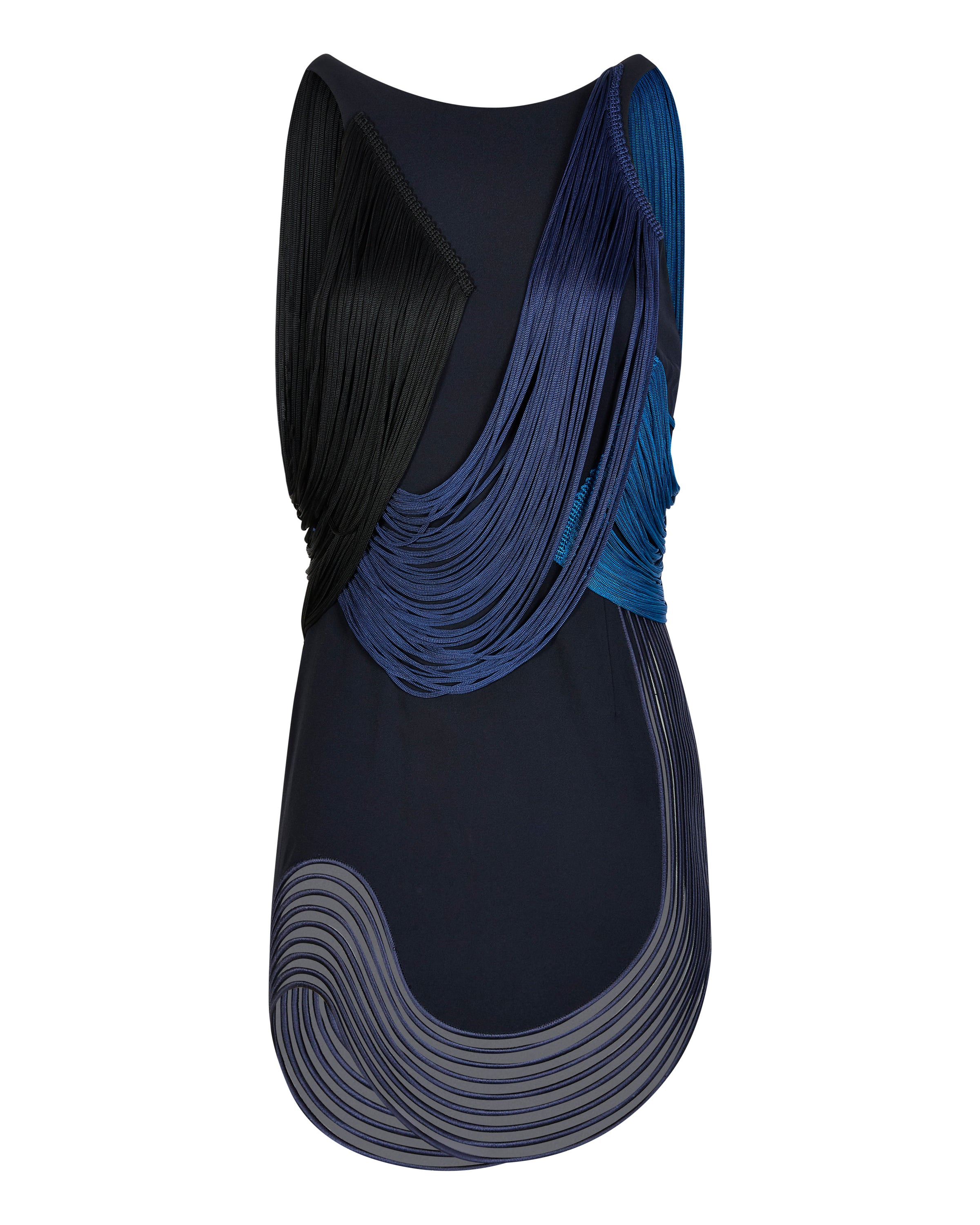 NAVY FRINGED STRETCH CADY MINI DRESS