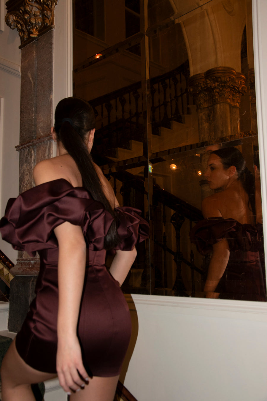 SELENA BURGUNDY SATIN RUFFLE MINI DRESS