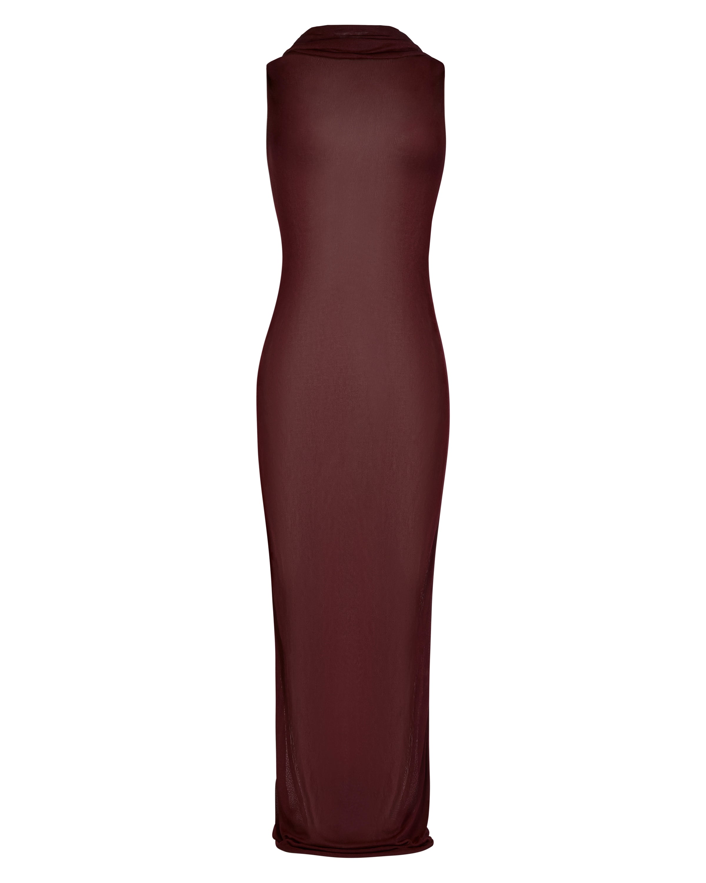 SHEER BORDEAUX HOODED MAXI DRESS