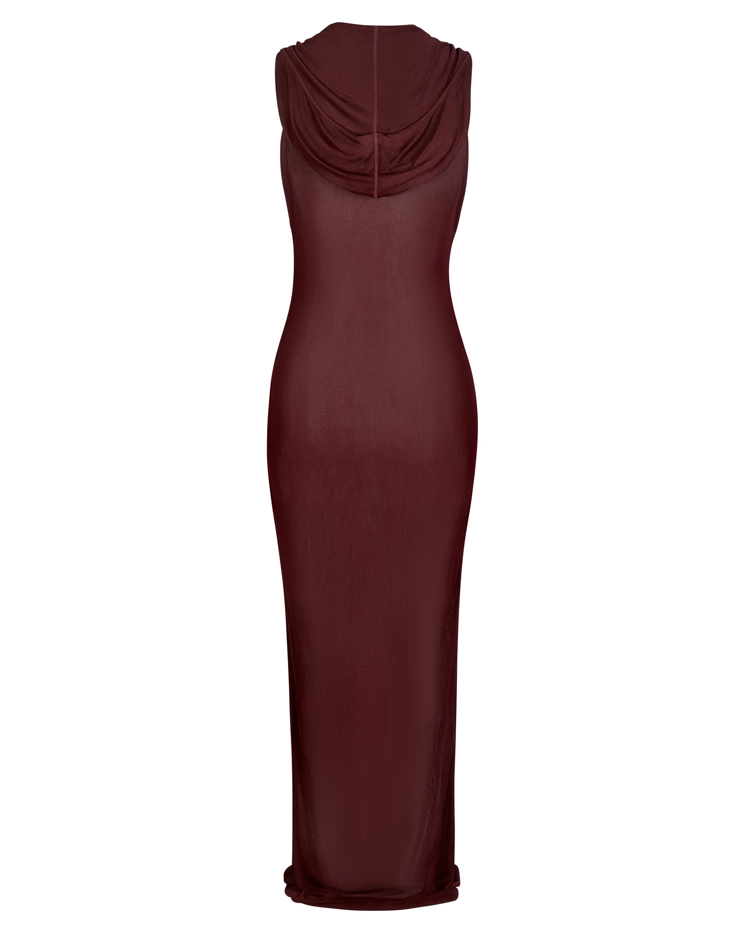 SHEER BORDEAUX HOODED MAXI DRESS