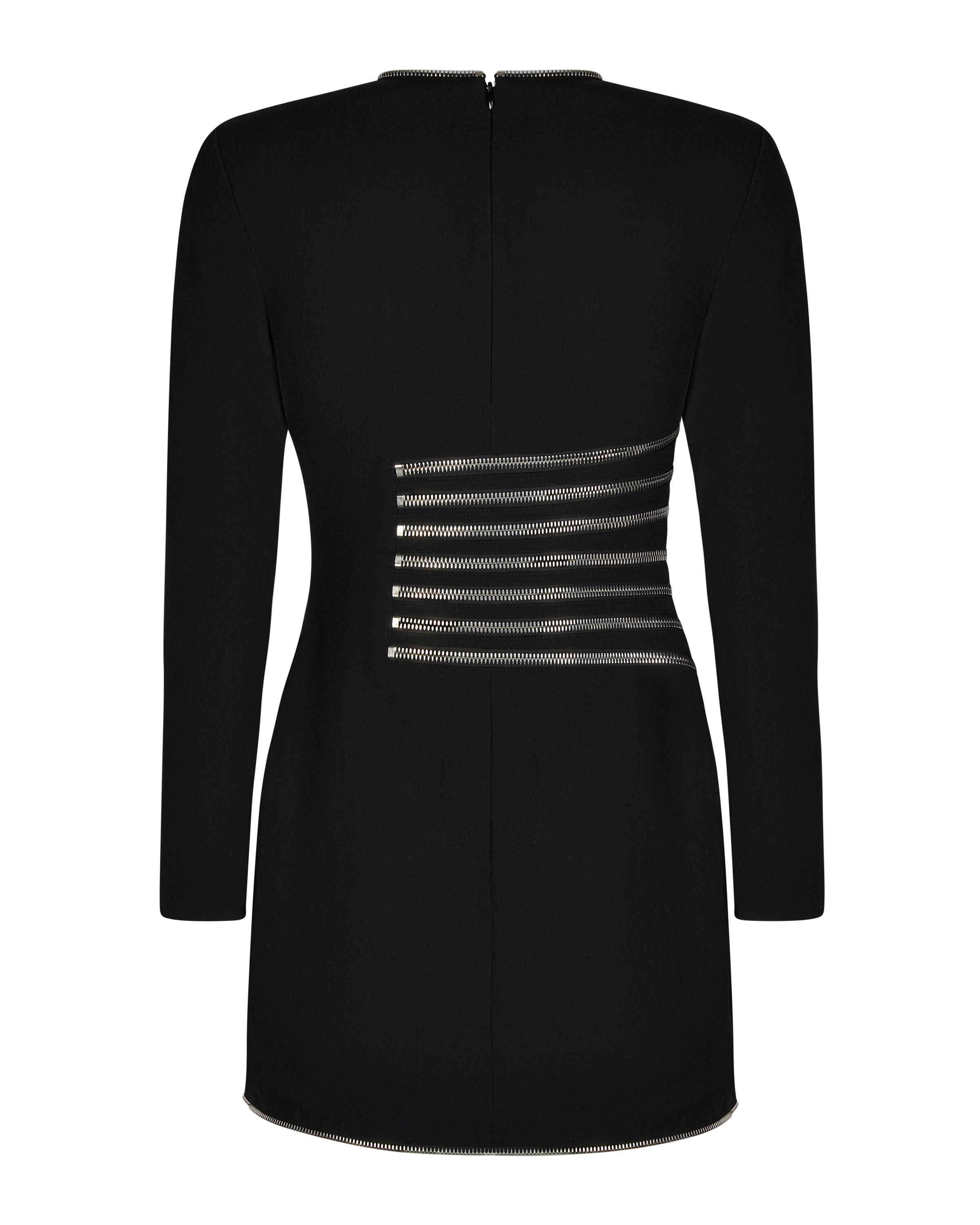 BLACK SUNBURST ZIP CREPE MINI DRESS