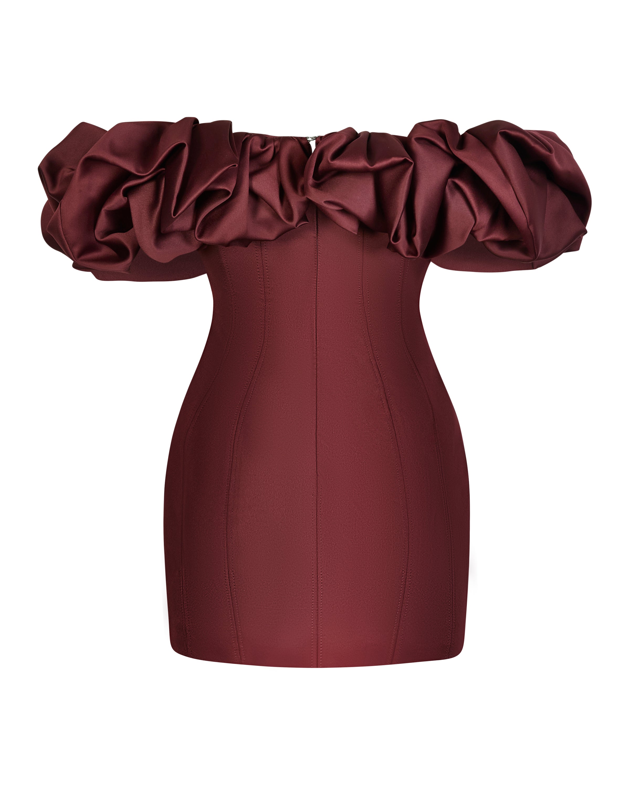 SELENA BURGUNDY SATIN RUFFLE MINI DRESS