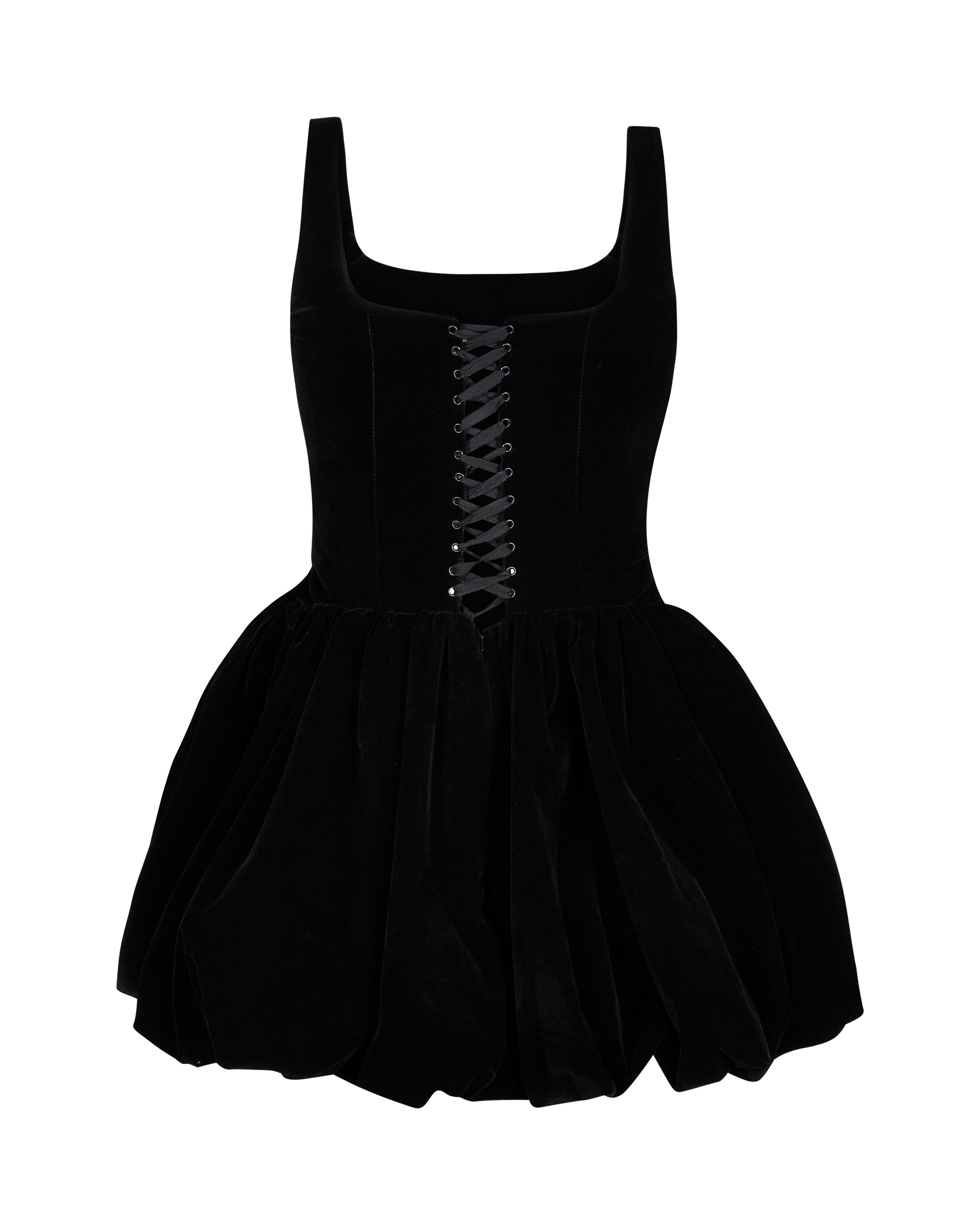 VELVET BLACK PUFFER ROSE MINI DRESS