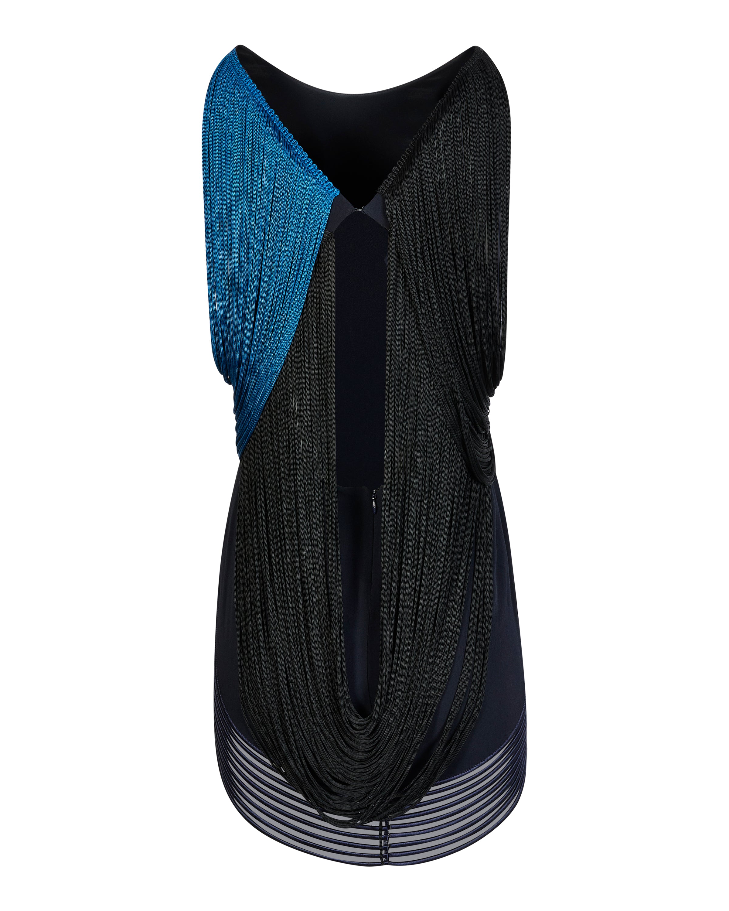 NAVY FRINGED STRETCH CADY MINI DRESS